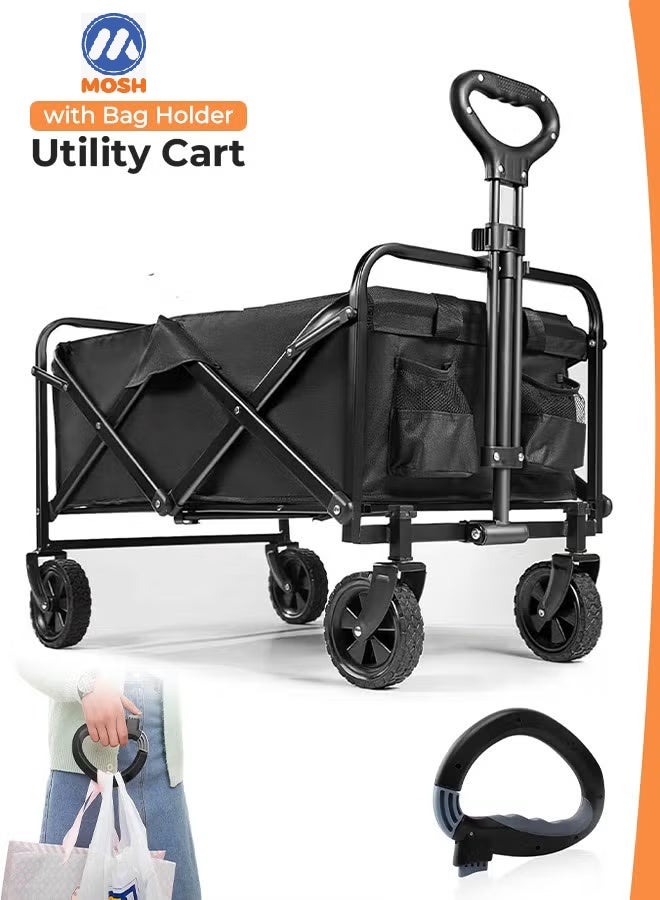 MOSH Foldable Shopping Cart – Heavy-Duty 100kg Utility Trolley with Adjustable Handle, 2 Pockets & 360° Wheels, Waterproof Fabric, Compact for Beach, Camping, Outdoor Garden Cart & Daily Use – Black - Image 1